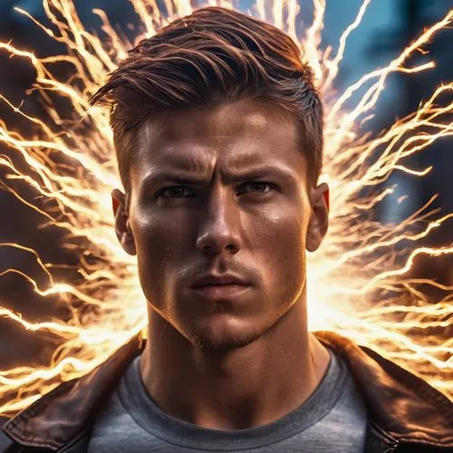 Ryan Butcher, looking determined with sparks of energy around him, symbolizing his growing power.,electrifying,electrocutionist,power icon,god of thunder,huntelaar,gerrard,electrify,electronico,high v