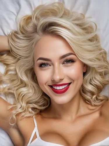 Da liegt eine geile und supersexy Frau auf einem Bett, (Platinblonde Haare:1.3), auf meinem Bett, Big, horny, sexy smile on her face, perfekte Augen, perfekte Nase, (perfekte rote Lippen:1.2), sexy Li