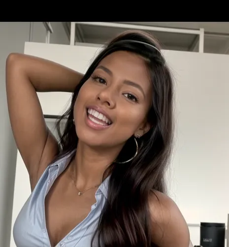 Standing, dancing and laughing on the desk in the office.  Photo from below.  She wears a blue button down shirt, white bottoms and high heels.,bonang,tiarra,thuli,tlali,nahri,ayanda,liliyana,amerie,a