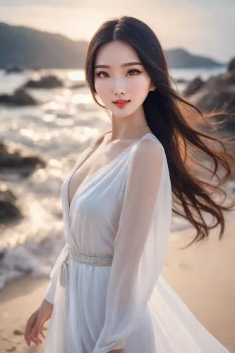 realistic rich colors, full-length, very beautiful charming Chinese woman in white, beautiful expressive eyes, beautiful thin lips, beautiful long hair, on the ocean shore, blue sky,,beach background,