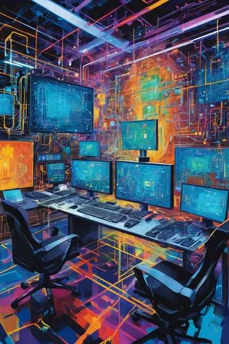 Modern computer architecture design, futuristic laboratory, sleek glass tables, high-tech equipment, motherboard, CPU, GPU, RAM, circuit boards, wires, LED lights, metallic structure, futuristic chair