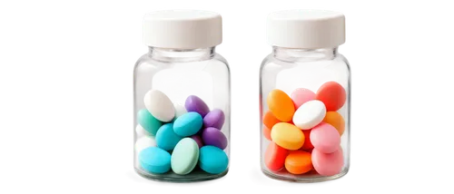 cute pill bottle, transparent glass, rounded body, white cap, colorful pills inside, pastel colors, soft light, 3/4 composition, shallow depth of field, warm color tone, delicate lines, subtle shading