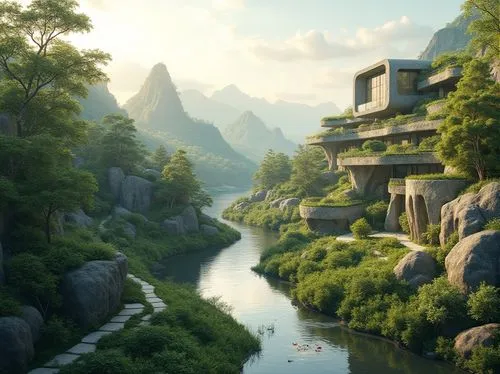 futuristic landscape,fantasy landscape,asian architecture,shaoming,guilin,japan landscape,ancient city,qingcheng,rivendell,qingming,hezhou,haicang,world digital painting,mountainous landscape,hushan,yavin,kashyyyk,river landscape,tigers nest,shaoshan,Photography,General,Realistic