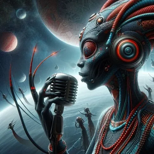 extraterrestrial life,alien warrior,sci fiction illustration,extraterrestrial,backing vocalist,robot in space,alien planet,singer,music player,microphone,announcer,lost in space,science fiction,audio player,cybernetics,musician,alien,binary system,sci fi,astronautics