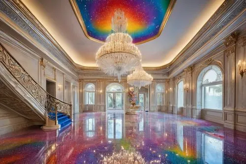 floor fountain,marble palace,entrance hall,hallway,colorful glass,hallway space,rangoli,foyer,marble painting,great room,hall of nations,ornate room,ballroom,hotel hall,colorful light,prism ball,interior design,bifrost,hotel lobby,lachapelle,Conceptual Art,Graffiti Art,Graffiti Art 08