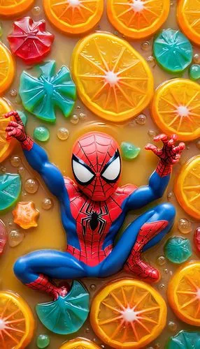 superhero background,gummies,spider bouncing,spider-man,spiderman,spider man,vitamin c,orange slices,laundry spider,playmat,colored icing,spider,spin danger,birthday banner background,orange,superhero,valencia orange,orange slice,webbing,jello,Illustration,Abstract Fantasy,Abstract Fantasy 06