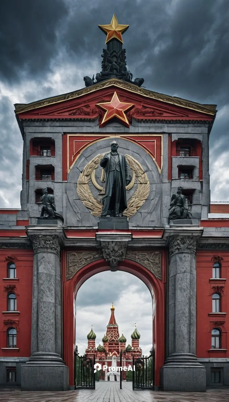 Grand, imposing Soviet Union architecture, Moscow, communist era, grandiose scale, red star symbol, hammer and sickle emblem, ornate columns, intricate stone carvings, massive iron gates, granite pave