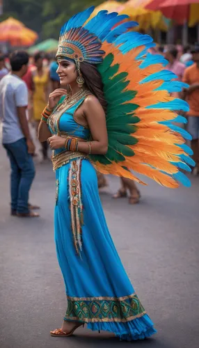 A woman dressed as India with a feather costume and a feather on her heel at the Rio de Janeiro carnival,maracatu,guatemalan quetzal,chiapas,nicaraguan cordoba,antigua guatemala,honduras lempira,india