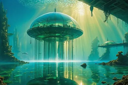 Aquatic futuristic architecture, underwater cityscape, majestic dome-shaped structure, iridescent blue-green glass exterior, wavy patterns of light reflecting off the surface, intricate pipelines and 