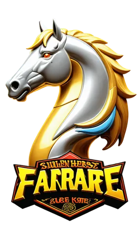 Farrier logo, golden horse head, 3D metallic texture, shiny chrome finish, bold font, curved lines, dynamic pose, front view, low-angle shot, dramatic lighting, cinematic composition, high contrast, d