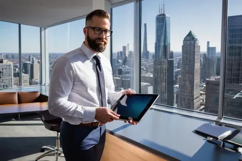 Middle-aged man, Chad Webre, director of architectural design, Freshii, standing, confident posture, black glasses, short brown hair, trimmed beard, white dress shirt, dark blue suit, silver tie clip,