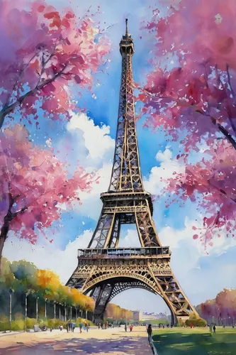 eiffel,french digital background,paris,eiffel tower,eifel,watercolor paris,the eiffel tower,japanese sakura background,sakura background,eiffel tower french,springtime background,paris cafe,paris clip art,france,champ de mars,world digital painting,trocadero,spring background,landscape background,watercolor background,Illustration,Paper based,Paper Based 04