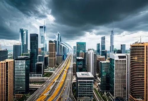 skyscrapers surrounding roads at cloudy day,kuala lumpur,chicago skyline,city scape,dubai marina,são paulo,doha,jakarta,dubai,khobar,city skyline,united arab emirates,urban towers,hong kong,urban land