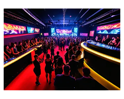 Nightclub scene, flashing neon lights, DJ booth, spinning turntables, crowded dance floor, people dancing, hands in air, colorful cocktails, champagne bottles, glittering decorations, luxurious VIP ar