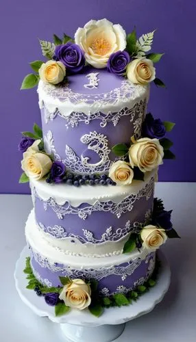 a fancy purple cake decorated with a lace and flowers,wedding cake,wedding cakes,royal icing,buttercream,cassata,a cake,Conceptual Art,Fantasy,Fantasy 08