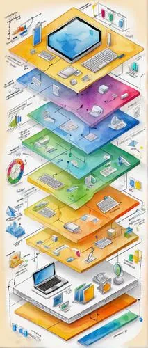 Enterprise architecture diagram, digital illustration, modern office background, whiteboard, colorful sticky notes, laptops, tablets, servers, routers, 3D network cables, minimalistic design, clean li