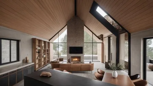 timber house,fire place,wooden beams,loft,dunes house,modern living room,mid century house,bohlin,fireplace,frame house,inverted cottage,scandinavian style,living room,interior modern design,cubic hou