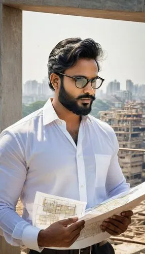 Modern Indian architect, male, 30s, beard, glasses, black hair, white shirt, dark trousers, holding blueprints, standing, construction site, Mumbai, skyscraper, contemporary architecture, steel and gl