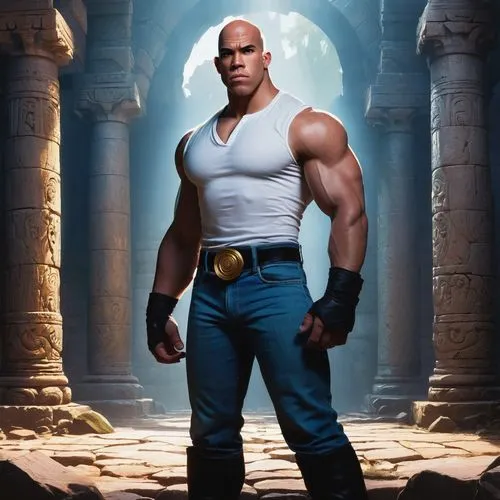 Bald Steven Universe, muscular man, strong facial features, bright blue eyes, serious expression, white shirt, rolled up sleeves, dark blue jeans, black boots, standing, confident pose, dramatic light