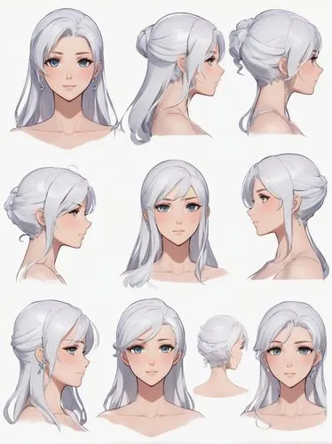 hairstyles,turnarounds,mermaid vectors,profile sheet,undercuts,white rose snow queen,Unique,Design,Character Design