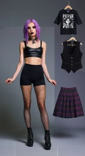 Paper doll 2d cartoon punk purple haired girl in black sleeveless shirt , black spandex shorts, complete full length fishnet and black punk knee Boots, standing surrounded by with a set of punk fashio