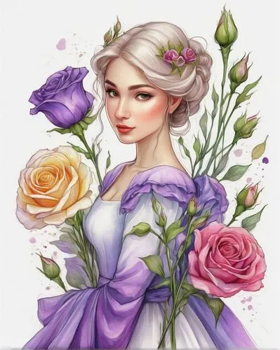 rose flower illustration,purple rose,rapunzel,disney rose,rose drawing,rose flower drawing,lisianthus,lilac flower,lilac bouquet,lilacs,elsa,lilac blossom,white rose snow queen,lilac flowers,rose png,precious lilac,rosa 'the fairy,holding flowers,flower girl,romantic rose,Illustration,Realistic Fantasy,Realistic Fantasy 30