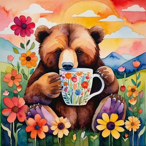 bear kamchatka,brown bear,coffee tea illustration,cute bear,ivan-tea,flower painting,tea drinking,flower animal,dandelion coffee,whimsical animals,woman drinking coffee,cup of coffee,a cup of tea,cups of coffee,bear,a cup of coffee,great bear,cup of tea,drinking coffee,scandia bear,Art,Artistic Painting,Artistic Painting 45