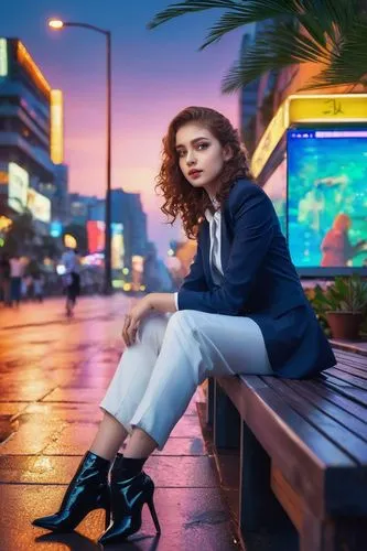 photo session at night,retro woman,girl sitting,retro girl,woman sitting,haifa,neon light,neon lights,tamanna,blue hour,retro women,portrait background,karylle,tlv,city ​​portrait,photographic background,street shot,young model istanbul,lokhandwala,marla,Conceptual Art,Sci-Fi,Sci-Fi 03