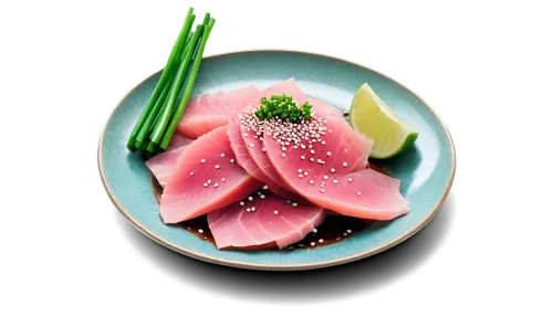 Fresh tuna, sashimi style, raw meat, pink flesh, silver skin, sliced into thin pieces, garnished with green onions, soy sauce drizzle, sesame seeds sprinkled, Japanese ceramic plate, shallow depth of 