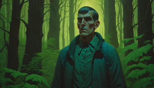 Lurch encounters a lost traveler and guides them through a creepy forest.,forest man,farmer in the woods,haunted forest,green jacket,digital painting,the woods,the forest,the wanderer,sci fiction illu