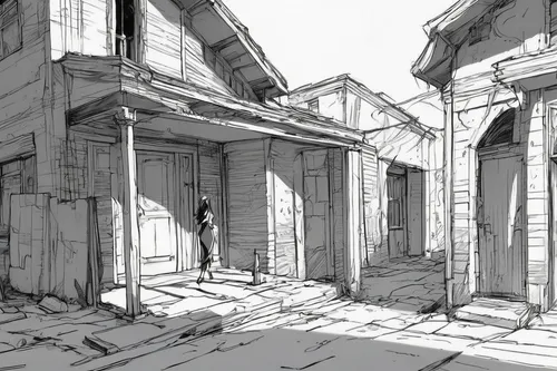 In a deserted street, a woman enters an abandoned house.,ruins,ancient buildings,alleyway,ruin,dilapidated building,old home,ancient city,sketch,narrow street,old buildings,washes,ancient house,old ho