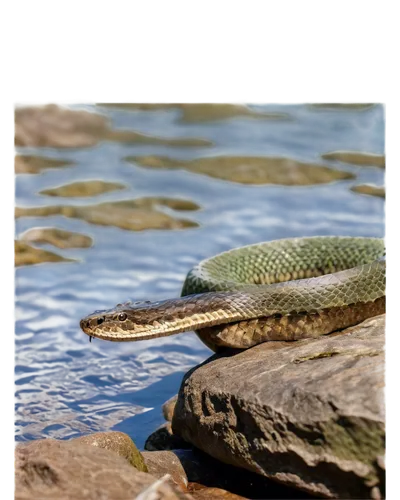 Northern Water Snake, adult, greenish-brown scaly skin, slender body, horizontal stripes, forked tongue, black eyes, wet rocks, near water, summer season, close-up shot, shallow depth of field, soft n