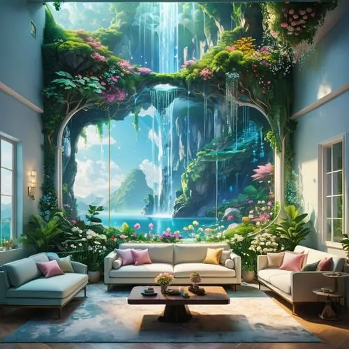 3d fantasy,aquarium decor,fantasy landscape,fantasy picture,dandelion hall,fairy world,cartoon video game background,beautiful home,tropical house,interior design,tropical jungle,living room,great room,fractal environment,fantasy art,home landscape,livingroom,garden of eden,fairy forest,sitting room,Photography,General,Fantasy