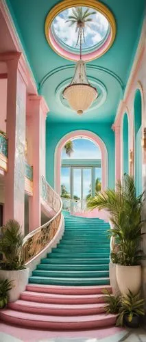 Miami Deco architecture, pastel colors, ornate decorations, geometric patterns, Art Deco style, luxury hotel, South Beach, palm trees, bright sunlight, ocean views, curved lines, symmetrical compositi