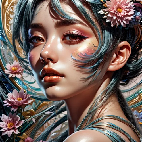 fantasy portrait,flower fairy,faery,faerie,elven flower,mystical portrait of a girl,flora,falling flowers,girl in flowers,kahila garland-lily,fantasy art,flower girl,flowers celestial,wreath of flowers,flower painting,fallen petals,blossom,bloom,digital painting,flower nectar