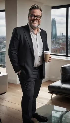 Interior design masters, Alan Carr, middle-aged, bespectacled, grey hair, beard, formal wear, black suit, white shirt, black tie, holding a coffee cup, standing in a modern living room, minimalist dec