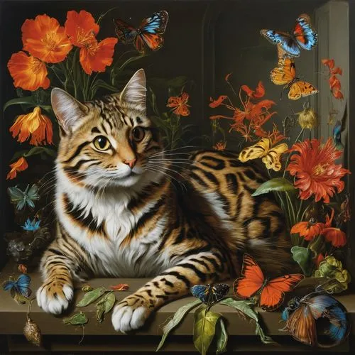 bengal,bengal cat,flower cat,flower animal,american shorthair,toyger,a tiger,maincoon,american bobtail,tiger cat,cat portrait,bengal tiger,european shorthair,cat image,oil painting,american curl,felidae,still life of spring,milbert s tortoiseshell,pet portrait,Art,Classical Oil Painting,Classical Oil Painting 37