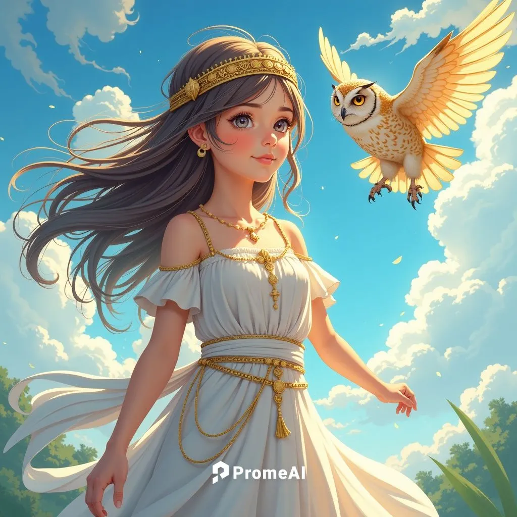 Teenage Girl, Athena, greek goddess, owl flying around her, following the owl with her view, flowy hair, natural tunes of colour,girl with a bird flying near her on the background,anjo,owl background,