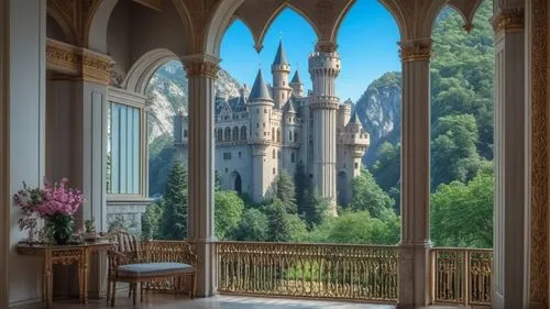 an inside view of a large castle with a balcony and some big windows,neuschwanstein castle,neuschwanstein,fairy tale castle,fairytale castle,castle windows,fairy tale castle sigmaringen,Photography,Ge