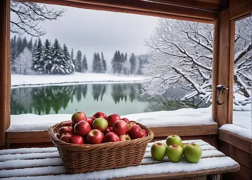 snowy still-life,winter window,winter background,basket of apples,winter landscape,bowl of fruit in rain,basket with apples,christmas landscape,winter morning,snow scene,winter cherry,myfestiveseason romania,winters,snowy landscape,winter magic,winter dream,apple trees,snow landscape,christmas snowy background,fresh fruits,Illustration,Retro,Retro 01