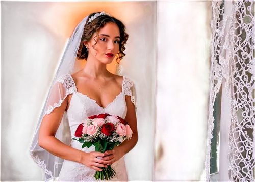 Mamelon Grossesse, photo, solo, beautiful detailed eyes, light blush, curly brown hair, mole on left cheek, sexy lipstick, elegant necklace, white wedding dress, lace veil, holding bouquet, standing, 