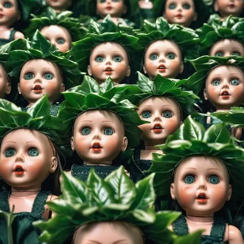 rows of human heads with green leaves growing on them,kewpie dolls,kewpie,dollfus,boxwood,buxus,dollies