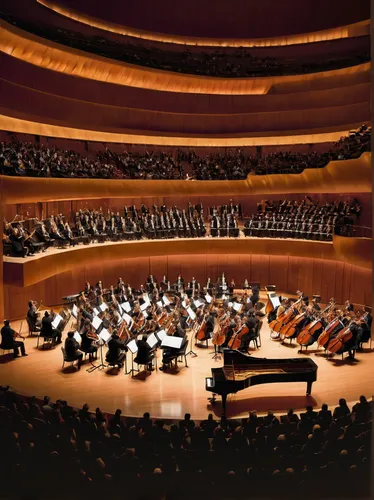 Los Angeles Philharmonic orchestra, live concert, musicians in formal attire, violinists, cellists, brass section, woodwinds, conductor in action, grand stage, Walt Disney Concert Hall, audience in se