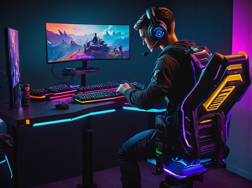 new concept arms chair,computer desk,gamer zone,game room,man with a computer,lan,gamer,cyberpunk,pc,desk,computer workstation,computer room,dj,gaming,computer game,game illustration,gamers round,setup,would a background,art background,Conceptual Art,Sci-Fi,Sci-Fi 23