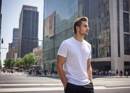 Modern architecture, sleek skyscraper, glass facade, steel beams, minimalist design, urban cityscape, busy street, pedestrian crossing, T-shirt, casual wear, plain white, short sleeves, relaxed fit, m