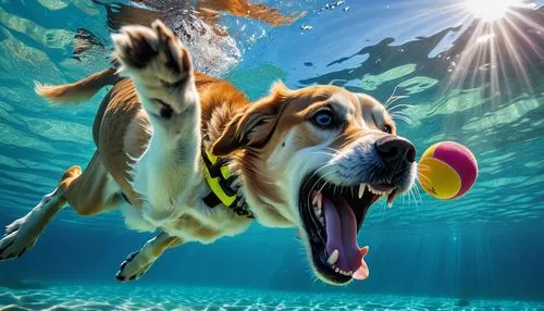 Max, the adventurous dog, with a toy in his mouth, ready for a playful showdown. 8k colorful vibrant realistic ,dog in the water,retriever,surfdog,nekton,retrieving,marine animal,underwater background