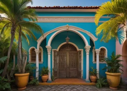 Colorful colonial architecture, El Salvador style, vibrant pastel colors, ornate decorations, Baroque influences, grandiose entrance, arched windows, intricate carvings, clay roof tiles, lush greenery