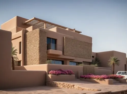 The classic style house with sleek, modern shades sits peacefully on a rocky outcrop overlooking a lush desert landscape. The exterior of the house is decorated with intricate woven baskets and plush 