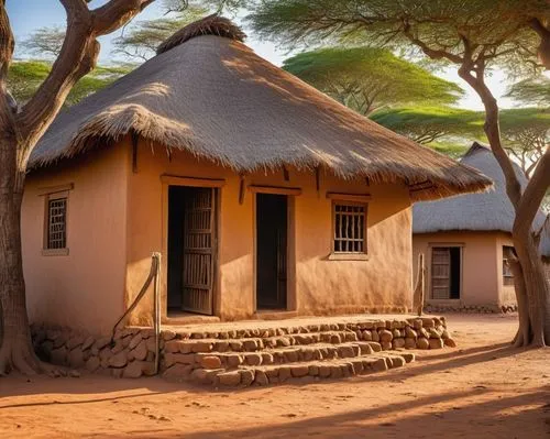 Traditional African architecture, mud huts, thatched roofs, wooden doors, vibrant colors, intricate patterns, geometric shapes, earthy tones, rural landscape, savannah trees, acacia leaves, sunny weat