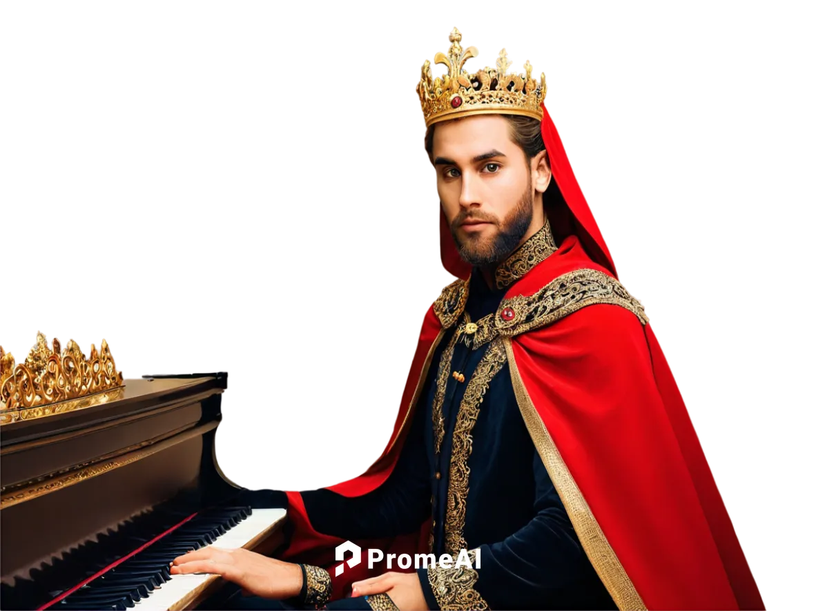 Regal, luxurious, golden royal crown, intricate designs, diamond studs, velvet cape, majestic beard, dignified facial expression, ornate throne, red carpet, grand piano, elegant fingers, playing music